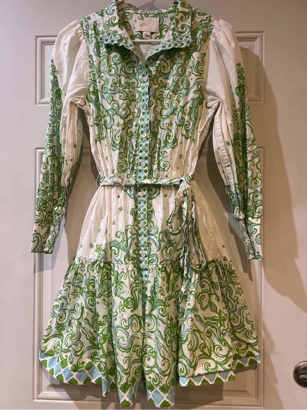 Lilly Pulitzer White and Green Printed Button-Front Tie-Waist Dress Size 8